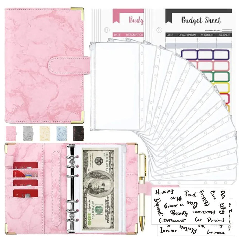 A6 PU Leather Budget Planner – Marble Notebook & Money Saving Organizer for Office, School & Personal Finance