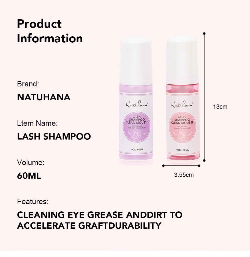 Natuhana 60ml Eyelash Extension Shampoo Mousse – Lash Cleaning Foam for False Eyelashes, Gentle & Non-Irritating Makeup Tool